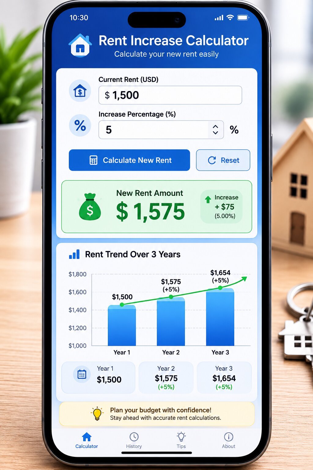 Rent increase calculator showing new rent after applying a percentage hike