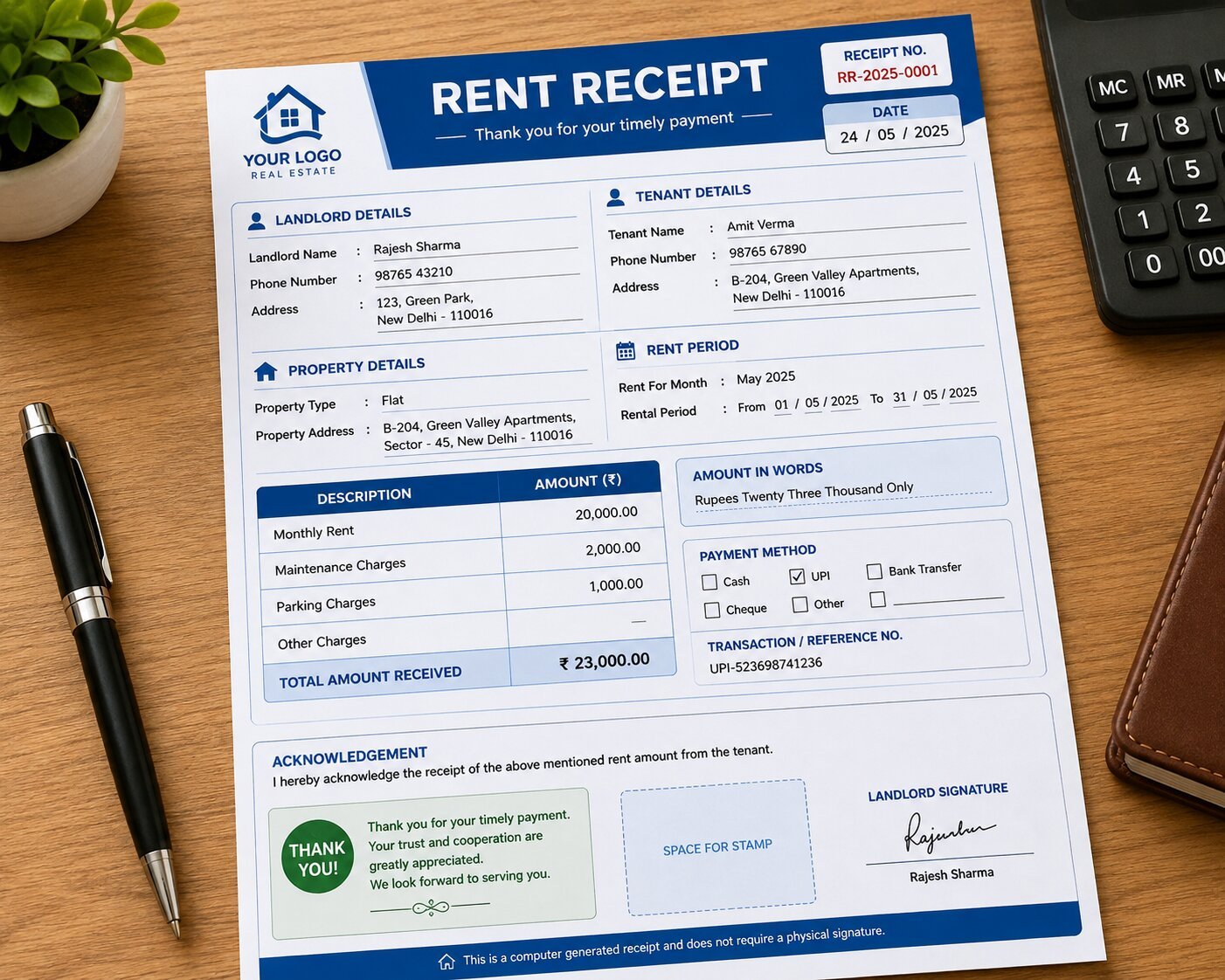 Professional rent receipt format sample showing landlord, tenant, rent amount, payment period and signature fields