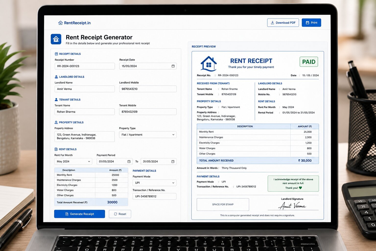 Online rent receipt generator interface where you fill details, preview and download instantly